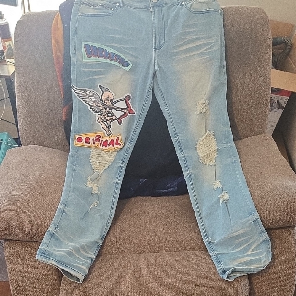 Light Blue Distressed Mens Jeans with Patches